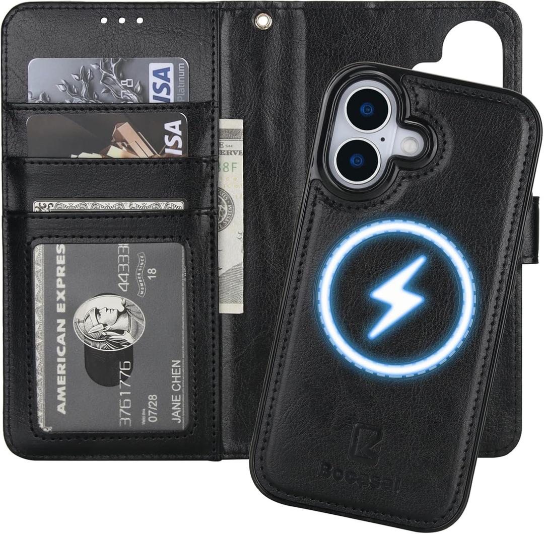 Bocasal for iPhone 17 Wallet Case Compatible with MagSafe Wireless Charging, RFID Blocking Magnetic Leather Case with Card Slots Holder Kickstand Detachable Wrist Strap 6.3 Inch (Black)