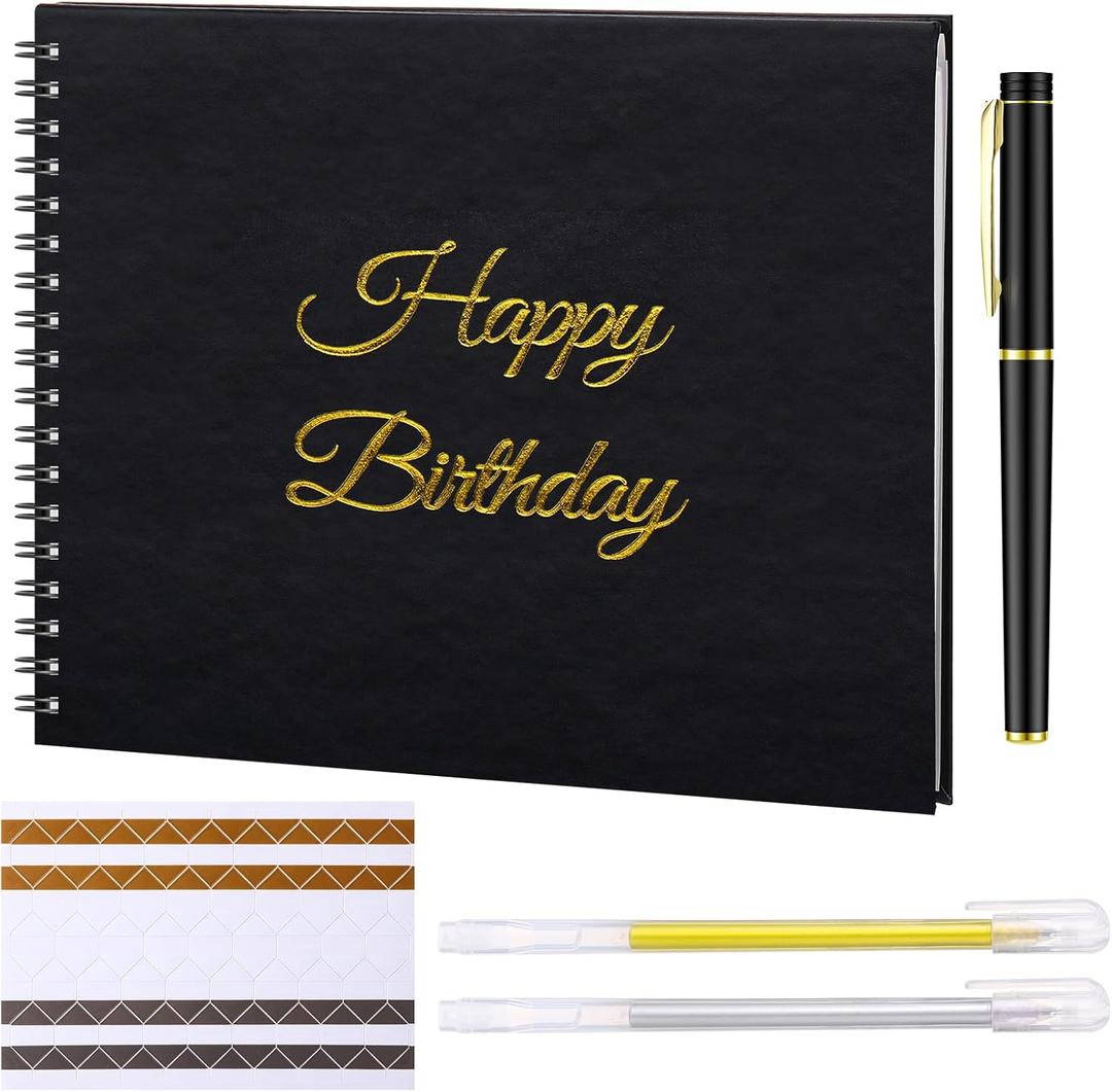 Birthday Guestbook with Pens Stickers Happy Birthday Signature Book 8.3 x 6.5 Inch Black Gold Birthday Guestbook for Birthday Photobooth Photo Strips Scrapbook Birthday Gift Party Supplies