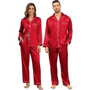 YOZLY Couple Matching Pajamas Set Satin Button Down Silky Sleepwear Long Sleeve Loungewear 2 Pcs Pj Set S-2XL with Pockets (Large, Red)