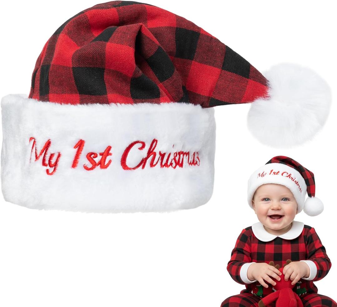 WATINC Christmas Santa Hat for Baby - My First Christmas Hats for Newborn Kids, Xmas Classic Black Red Buffalo Plaid Plush Claus Cap for Winter Holiday Unisex Girls Boys Toddler Party Supplies