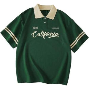 WDIRARA Women's Letter Graphic Tees Button Collared Short Sleeve T Shirts Casual Tops, Dark Green, Large
