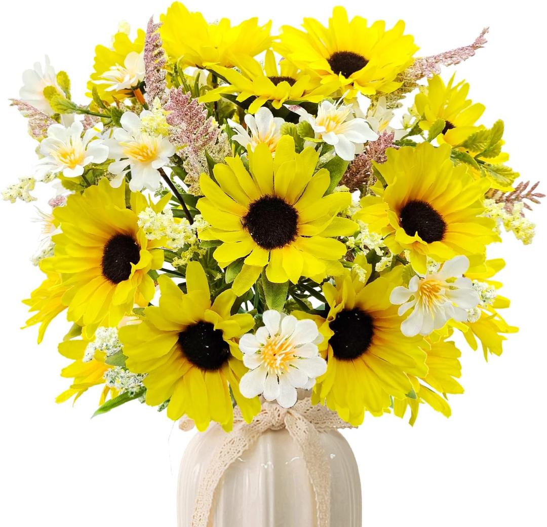 5 Bunches Artificial Sunflowers Bouquets, Fake Silk Sunflower with Faux Daisy Wildflowers Plants for Home Decor Indoor Floral Arrangements Table Centerpiece Bridal Wedding Decor (Yellow)
