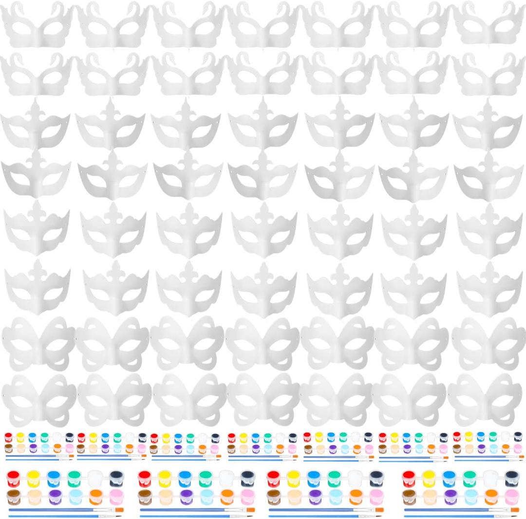 HyDren 100 Pcs White Masquerade Mask Painting Kit 60 Mardi Gras Blank Half Face Paper Masks 20 Acrylic Paint Strip 20 Brushes(Classic)