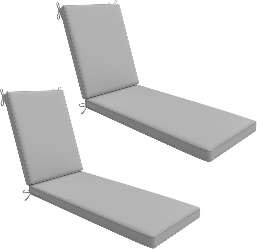 AAAAAcessories Outdoor Chaise Lounge Cushions, Waterproof, Fade-Resistant Patio Furniture Replacement Cushions, 72" x 21" x 3", Set of 2, Gray