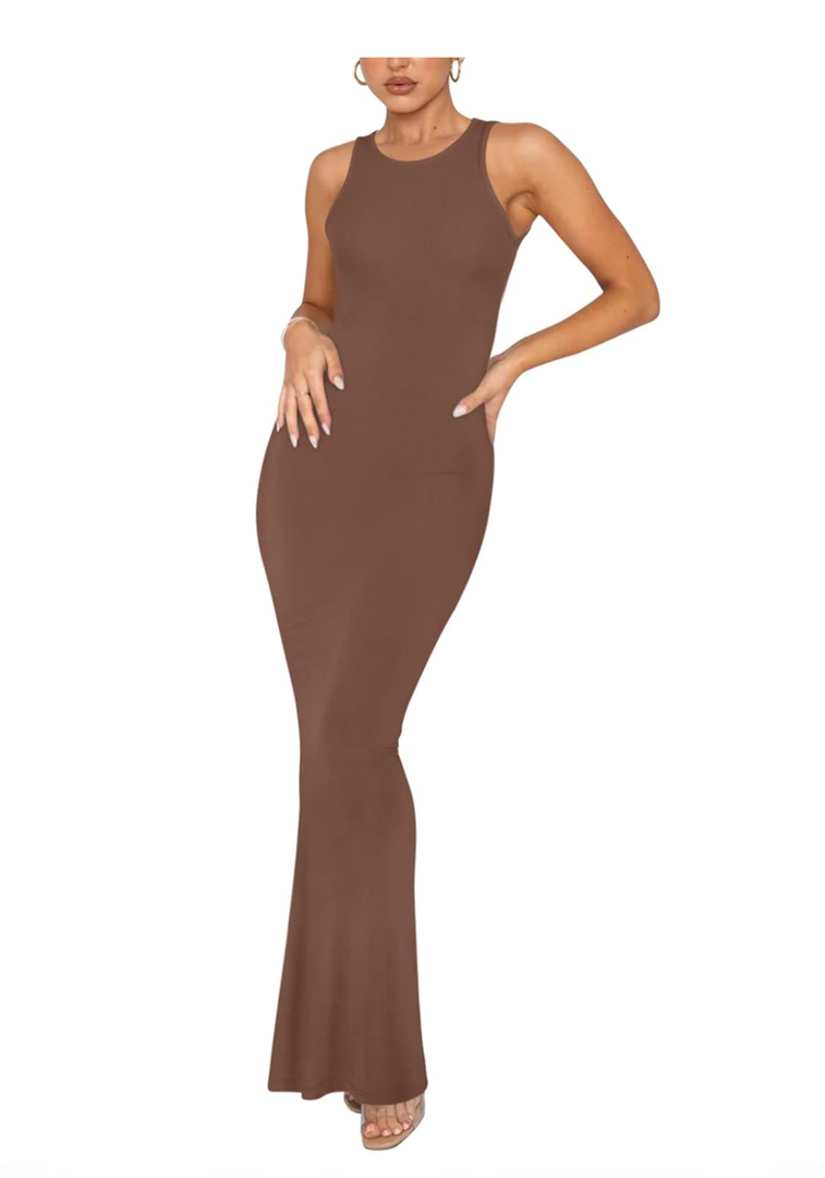 REORIA Women's Basic Summer Sexy Lounge Tank Long Dress Elegant Sleeveless Halter Neck Bodycon Maxi Dresses Size M