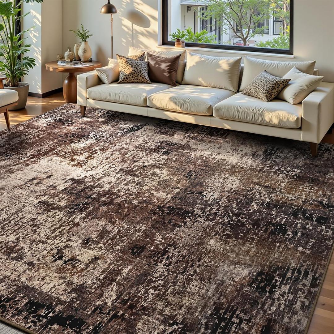 Ompaa Living Room Rug 6x9 Brown Area Rug Machine Washable Boho Coffee Rug Non Slip Abstract Vintage Indoor Large Rugs for Bedroom, Classroom, College Dorm, Farmhouse, Dining Room, Kids Playroom