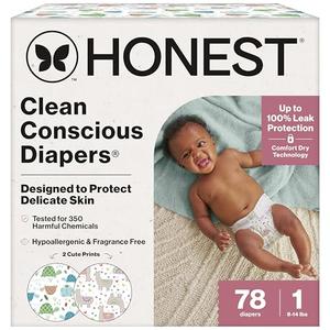 The Honest Company Comfort Dry Disposable Daytime Diapers for Sensitive Skin, Hypoallergenic, All the Alpacas + Turtle Time, Club Box Size 1 (8-14 lbs) 78 Count