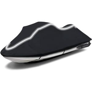 Upgraded Fade and Crack Resistant Trailerable Jet Ski Cover, Heavy-Duty Waterproof and UV Protection PWC Cover,Jetski Watercraft Cover with Reflective Strips Black Fits from Stand-up