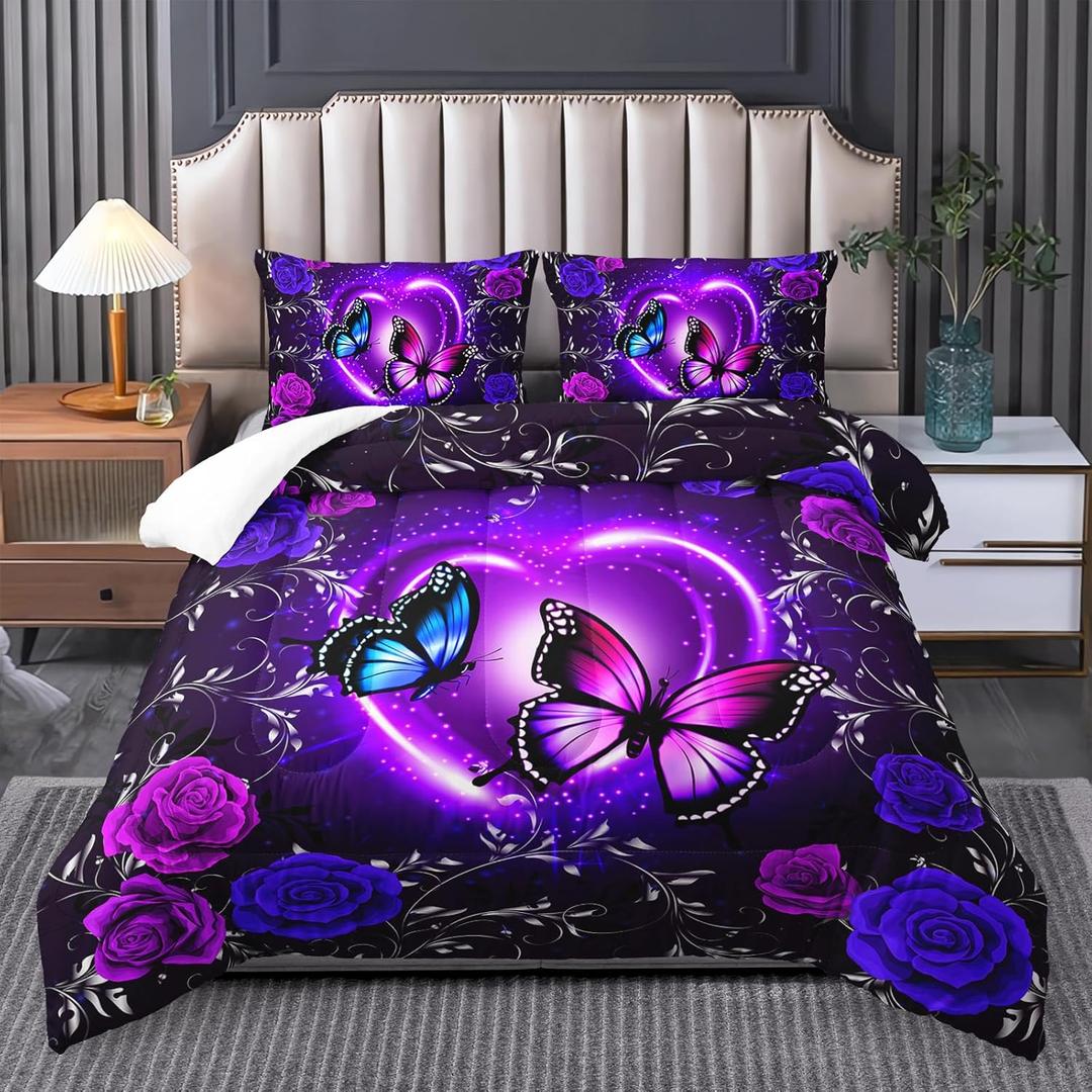 Butterfly Comforter Set King,Butterfly Bedding Sets for GirlsButterfly Decorations for Bedroom,Dreamy Butterfly Comforter Set,Purple Butterfly Bedding Black and Purple Butterfly Comforter