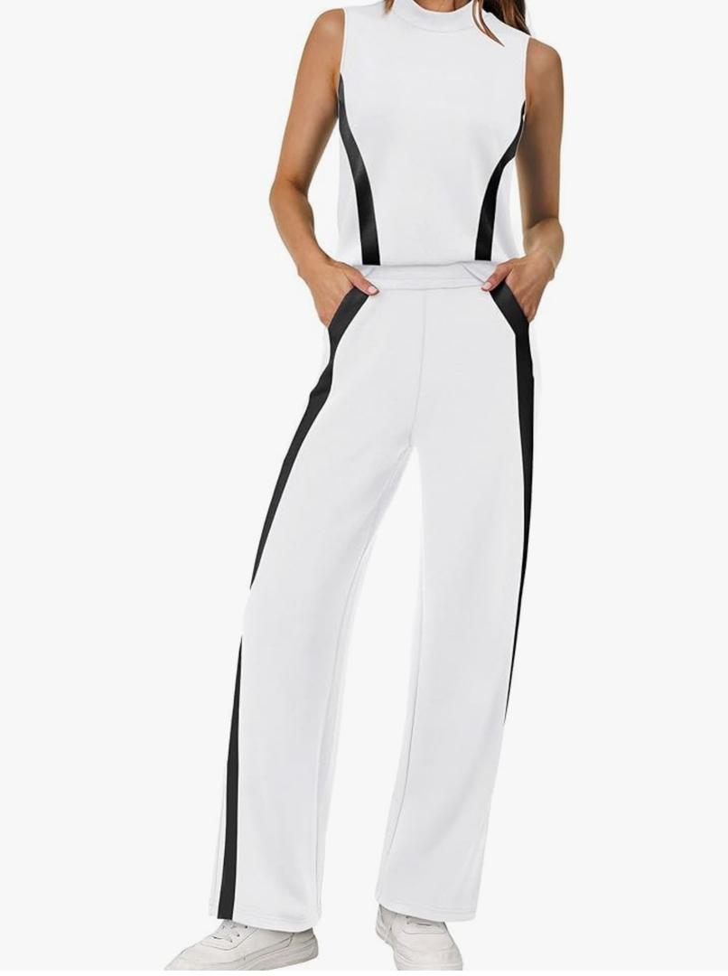 XIEERDUO Two Piece Sets for Women Summer Outfits Travel Mock Neck Lounge Sets Wide Leg Pants Beach Vacation Clothes S, White+black