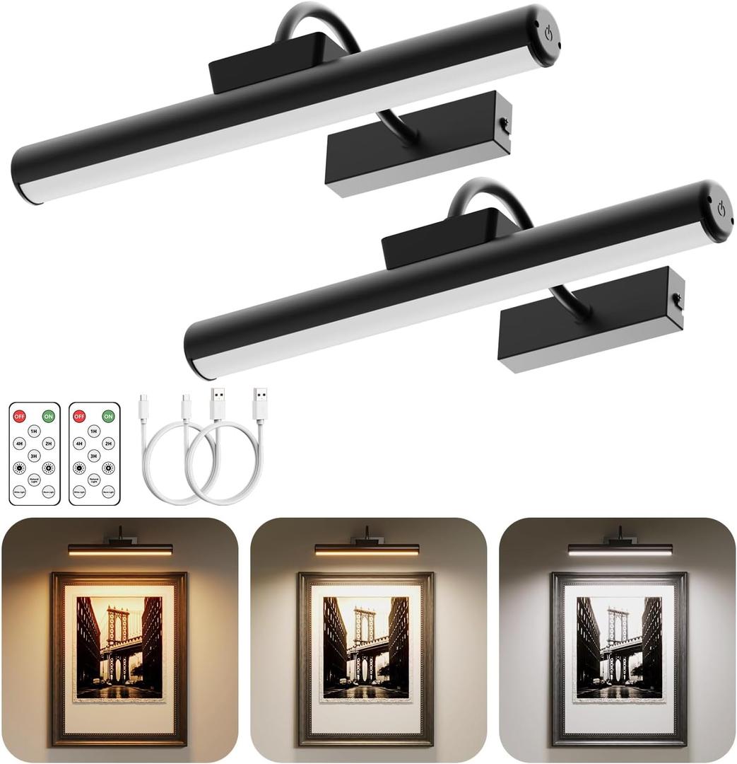 Wireless Picture Light with Remote, Battery Operated Wall Sconce 5000mAh, 3 Color Modes and Dimmable LED Wall Lights with Timer for Painting, Frame, Gallery, Dartboard, Bedroom (Black-2Pack)