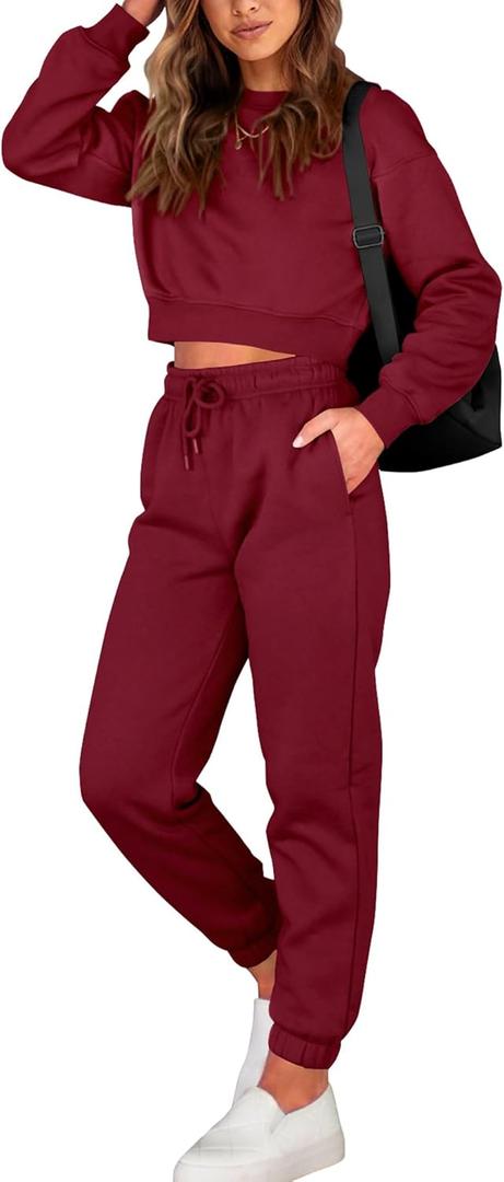 BTFBM Women 2 Piece Outfits Long Sleeve Crop Top Pullover Drawstring Pant Jogger Set Casual Sweatsuits Tracksuit Pockets, L