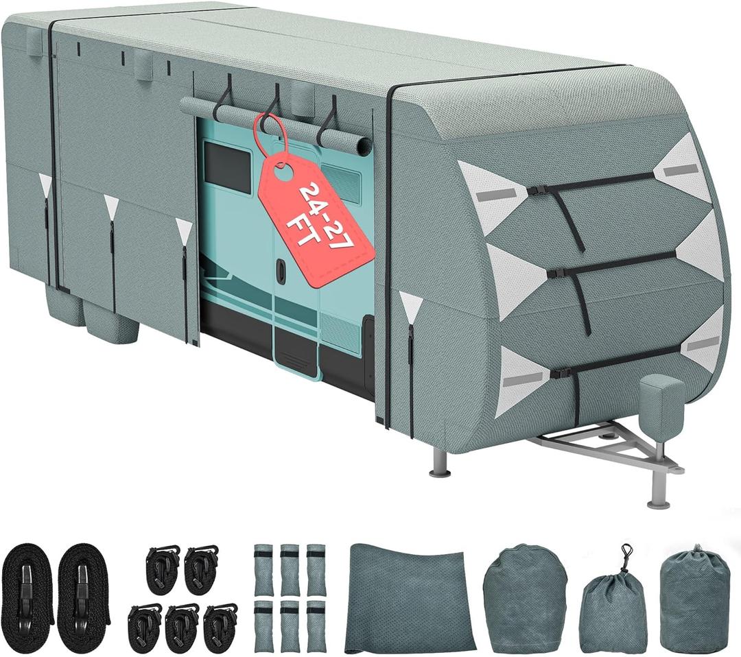 DWVO 24-27ft RV Cover, 5 Layers Travel Trailer Cover Camper Cover Super Thick Waterproof Windproof Anti-UV Rip-Stop Motorhome Covers with 2 Long Straps 4 Tire Covers Tongue Jack Cover