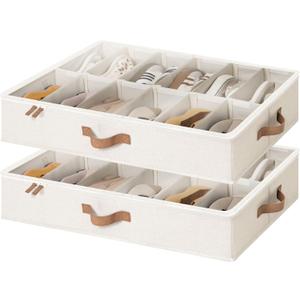 StorageWorks Underbed Shoe Storage Organizer for Closet, 2-Pack Under Bed Shoe Organizer with Bottom Support and Adjustable Dividers, Fits up to 24 Pairs, Beige
