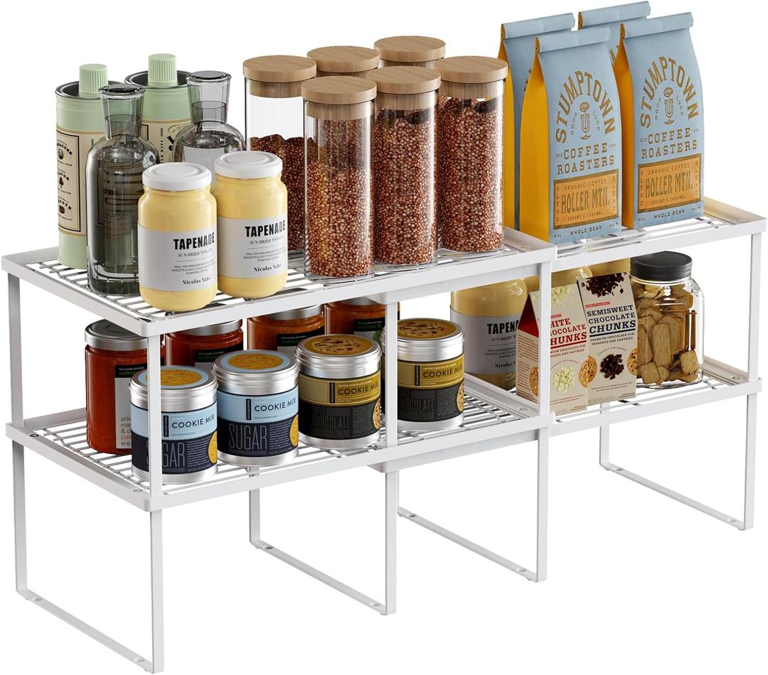 LANEJOY Metal Expandable Cabinet Shelf Organizer, Set of 2 Stackable Shelves for Pantry, Storage Countertop Shelf for Kitchen Counter, White, 17" L X 10" D X 6.3" H