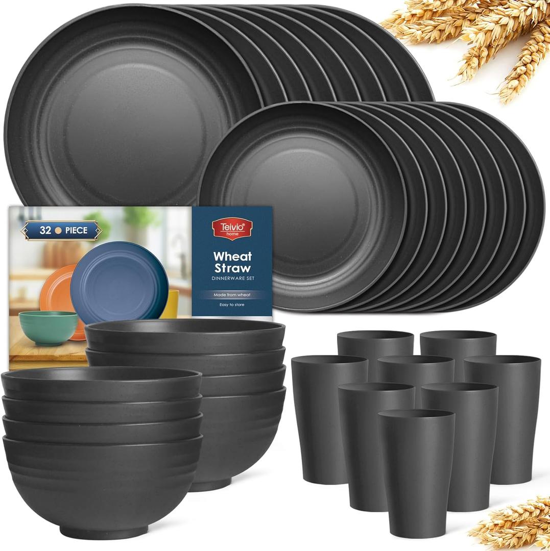Teivio 32-Piece Kitchen Plastic Wheat Straw Dinnerware Set, Service for 8, Unbreakable Modern Dish Set - Dinner Plate/Dessert Plate/Cereal Bowl/Cup, for Apartment Essentials, Outdoor Camping,Black