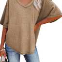 Dokotoo Womens Plus Size Ladies V Neck Oversized Short Sleeve Shirts Waffle Knit Tunic Tops Loose Fit Casual Flowy Blouses Office Fashion 2023 Summer Khaki XL
