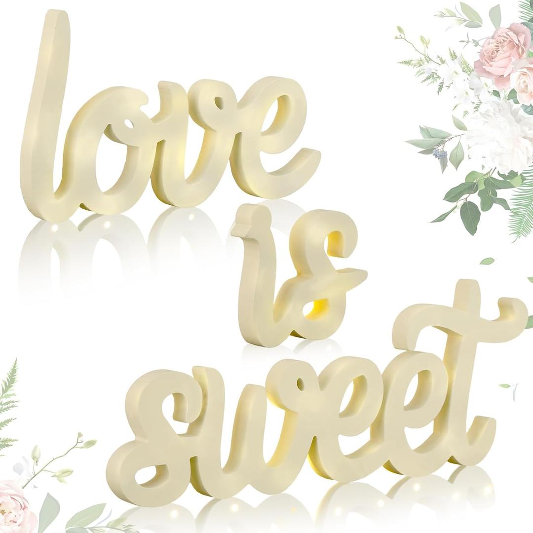 3 Pcs Love Is Sweet Table Decor Wooden Love Is Sweet Sign LED Hollow Sign for Dessert Freestanding Letter Shelf Rustic Wedding Bridal Shower Engagement Bachelorette Party Decor(Beige)