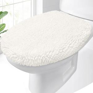 OLANLY Soft Chenille Bathroom Toilet Lid Cover, Machine Washable Seat Covers, 17.5x15, Stays in Place Rubber Backing, Fits Most Round, Elongated and Oblong Lids, Accessories Decor, Ivory