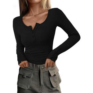 PRETTYGARDEN Women's 2025 Summer Long Sleeve Henley T Shirts Ribbed Knit Button Slim Fitted Basic Casual Going Out Fall Tops (Large, Black)