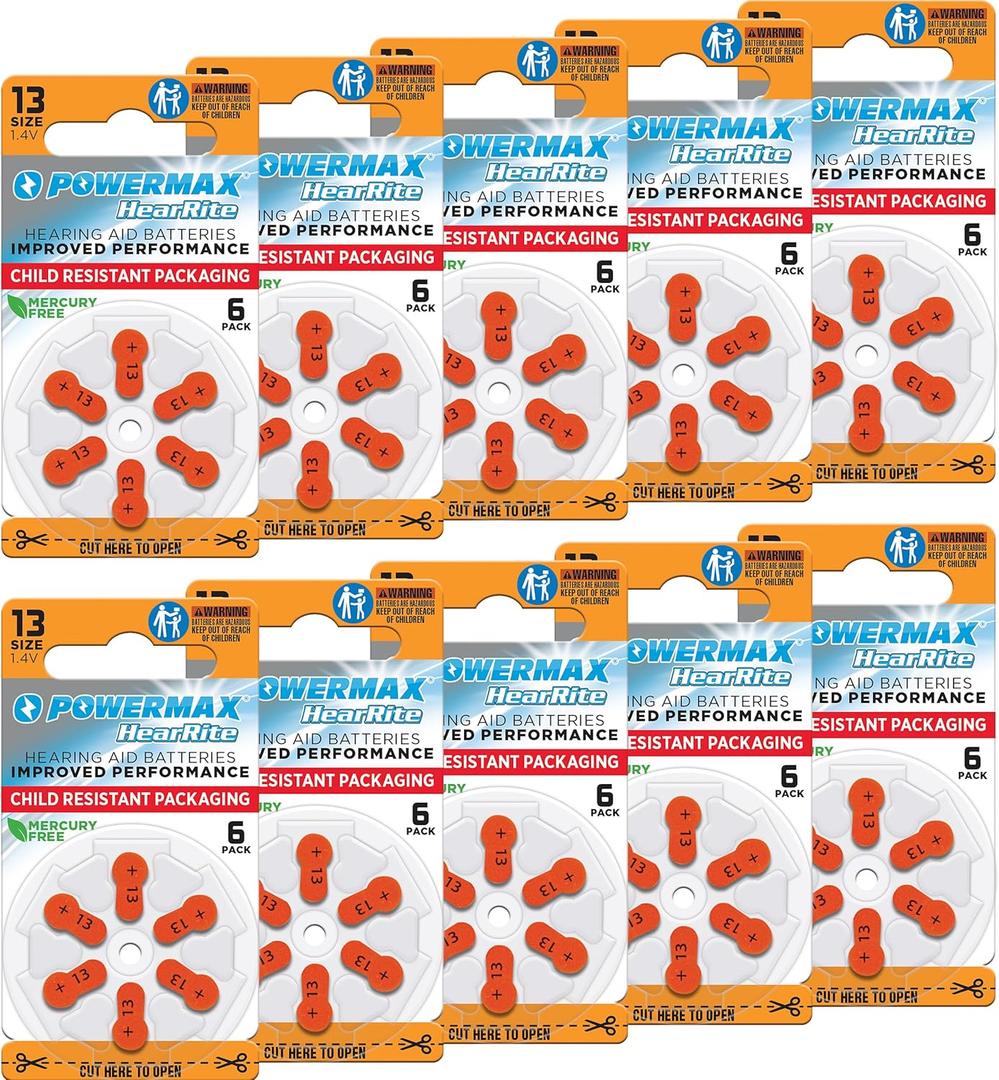 Powermax Size 13 Hearing Aid Batteries, 60 Count Long-Lasting Battery Pack, Orange Long Tab for Easy Change
