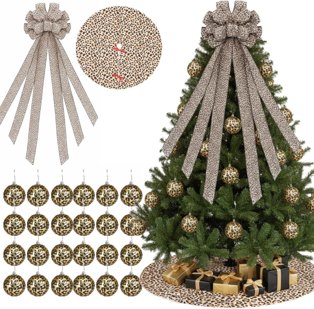 26 Pcs Leopard Printed Christmas Tree Decoration Cheetah Christmas Tree Topper Bow Plastic Ornament Balls and Skirt for Modern Fashion Western Party Decorations Holiday Xmas Decor