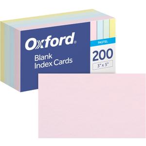 Oxford Blank Index Cards, Blank Note Cards, Flashcards for School, 4 Assorted Pastel Colors: Pink, Blue, Green and Yellow, 3 Inch x 5 Inch, 200 Cards Per Pack (1017491)
