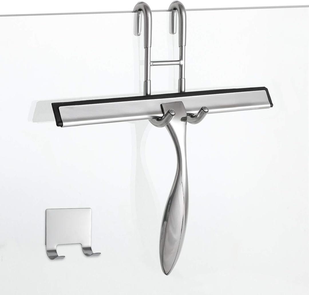 Simtive 10-Inch Shower Squeegee Set, Includes Shower Door Hook and Adhesive Hook, Squeegee for Shower Doors, Mirror and Window, Silver