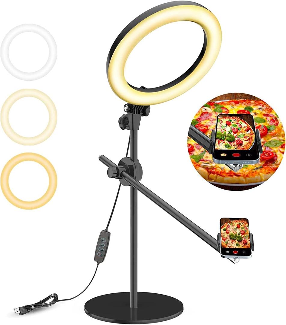 Selfie Ring Light with Stand and Phone Holder, Overhead Phone Mount with 10.5" Ring Lights, Desk Circle Light with Tripod Adjustable Shooting Arm for Video Recording, YouTube, TikTok, Live Streaming