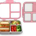 Stainless Steel Bento Box for Kids, 3-Compartment Metal Lunch Box with Clear Lid & Removable Silicone, Lunch Box Kids with Silicone Inner Container for Meal Prep, School, Office (Pink)