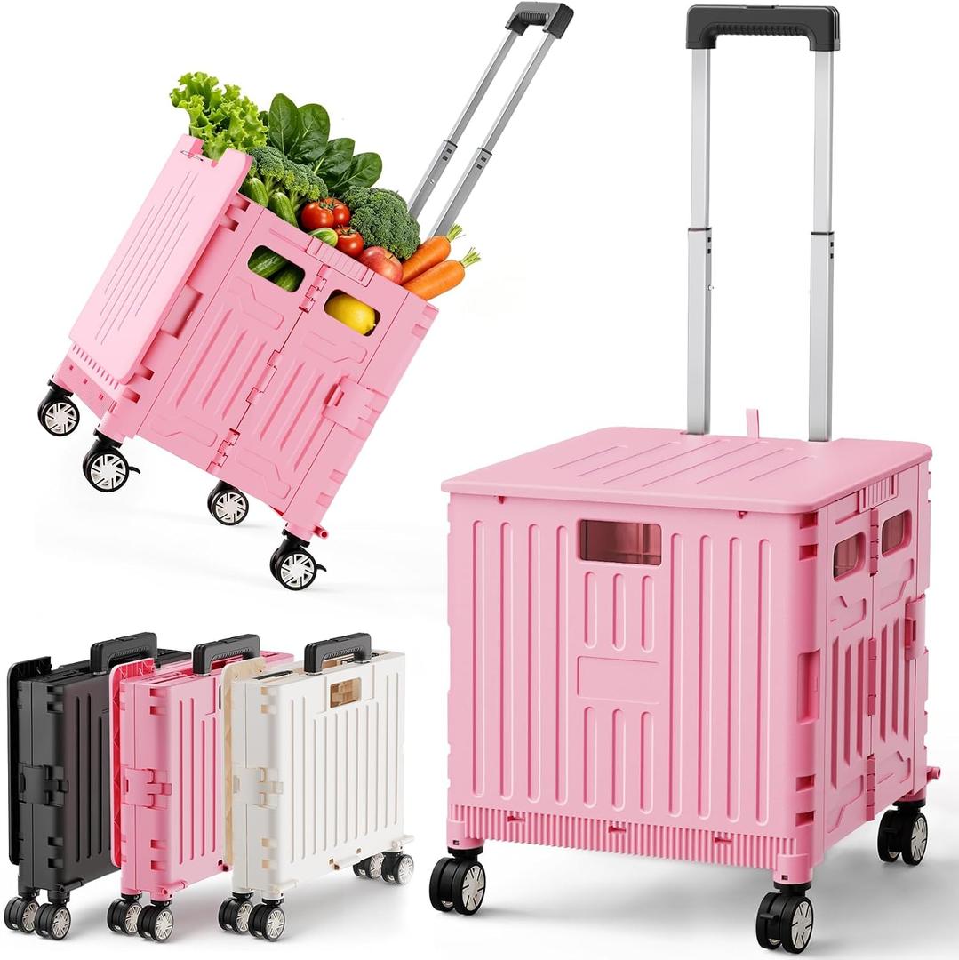 SUNALLY Folding Utility Cart Rolling Crate Handcart Shopping Trolley, Pink
