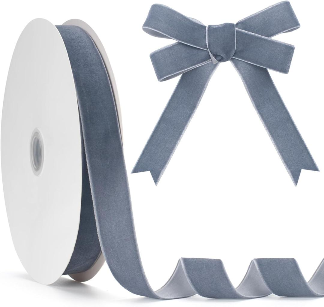 GHGMAO Dusty Blue Velvet Ribbon 1 Inch x 25 Yards, Vintage Velvet Ribbon Blue Christmas Ribbons for Gift Wrapping, Christmas Tree Ornaments, Flower Bouquet, Wreath Decorations, Bow Making
