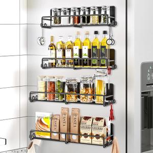 Magnetic Spice Rack for Refrigerator, 4 Pack Magnetic Fridge Shelf with Hooks, Spice Organizer Shelf for Kitchen Organization and Storage, Seasoning Organizer Gadgets for Metal Surface (Black)