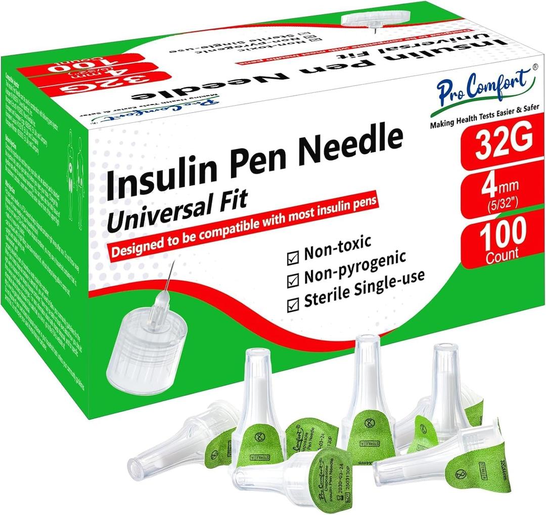 Pro Comfort 32G 4mm (1/4") Insulin Pen Needles, 100 Count, Universal Fit, Compatible with Most Insulin Injector Devices, Super Thin for Insulin Injections, Comfortable