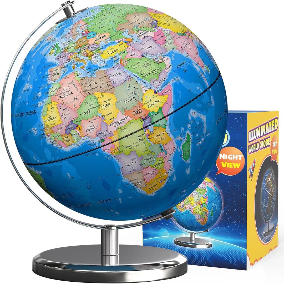 Illuminated World Globe with Stand, 9" Earth Globes with Stable Heavy Metal Base for Kids Classroom Learning, LED Constellation Globe Night Light with HD Printed Map