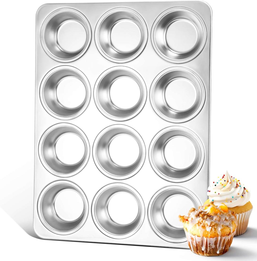Herogo 12-Cup Stainless Steel Muffin Pan Tin for Baking, Metal Cupcake Tray Set for Making Egg Muffin Quiches, Mini Brownie, Easy to Clean & Quick Release, Oven & Dishwasher Safe
