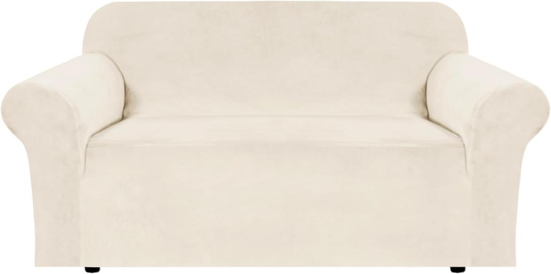 H.VERSAILTEX Stretch Velvet Loveseat Covers for 2 Cushion Couch Covers for Living Room Sofa Covers with Non Slip Straps Bottom, Ultra Thick Comfy Velour (Width 58"-72", Cream)