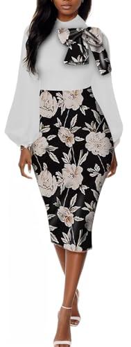 Church Long Sleeve Dress for Women Bow Knot Turtleneck Floral Printed Lantern Sleeve Formal Midi Sexy Dresses, L