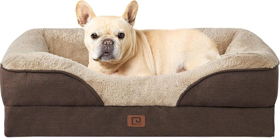 EHEYCIGA Memory Foam Dog Bed for Medium Size, Orthopedic Sofa With Sides and Waterproof Liner, Washable Bolster Pet Couch, Removable Cover, 30x20x6.5 Inch, Brown (30x20x6.5, Brown)