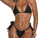OYOANGLE Women's Micro Thong Bikini Set Halter String Swimsuits Tie Side High Cut Bathing Suits (Medium, Black)