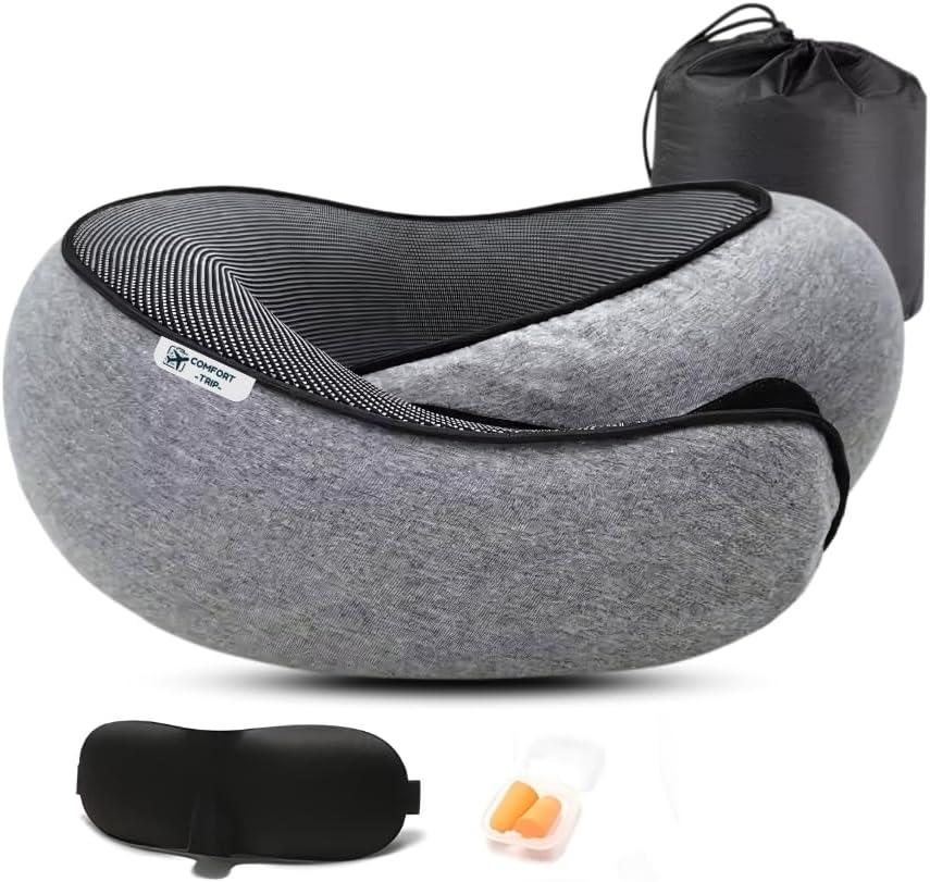 Ergonomic Memory Foam Travel Pillow - 360 Neck & Head Support, Breathable Cover, Portable with Travel Bag, Includes 3D Sleep Mask & Earplugs, Essential for Airplane Travel