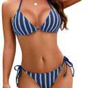 Zonsaoja Bikini Sets for Women Striped Triangle Thong Two Piece Bathing Suit Knit String Side Tie Swimsuit, Medium