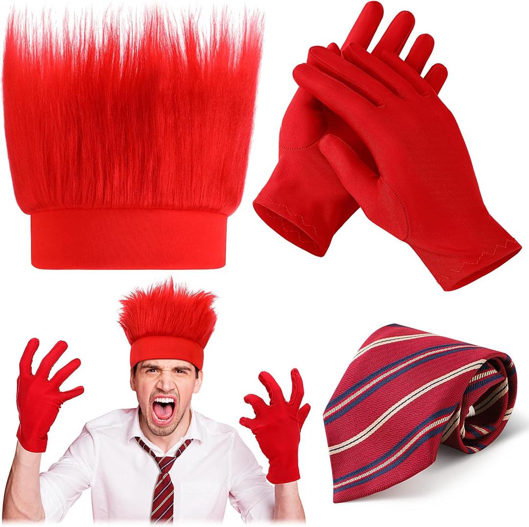 Crowye 3 Pcs Halloween Angry Costume Accessories Included Fire Wig Gloves and Stripe Tie Set for Men Women Cosplay Party Red (Red)