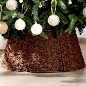 Poen Woven Rattan Christmas Tree Collar, Neutral Wicker Tree Skirt, Rustic Farmhouse Christmas Stand Base Cover Decor Handmade X-Shape Weave Design(Dark Brown,24 Inch)
