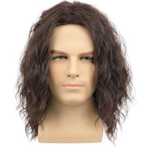 Mens Brown Wavy Wig - Medium Length Natural Look Middle Part Heat Resistant Synthetic Hair for Men Costume, Cosplay, Halloween Party