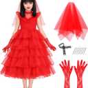 IBQ Kids Red Wedding Dress Girls Halloween Costuems Toddler Horror Comedy Character Bride Cosplay Outfit with Veil Gloves (Red, M)