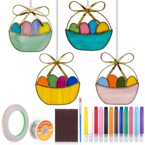 Roowest Unfinished Easter Pre Cut Stained Glass DIY Stained Glass Craft Kit for Adult with Solder Wire, Flux Brush, Pens for Women Gifts Spring Home Decor(Easter Basket,4 Set)