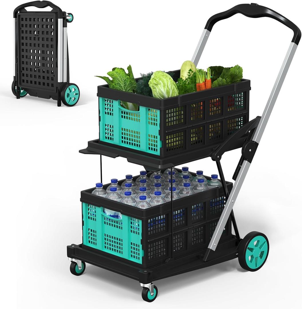 Collapsible Shopping Cart, Foldable Shopping Cart with 2 Storage Crates, 350 LBS Capacity 2-Tier Multi Use Heavy Duty Adjustable Grocery Carts for Supermarket, Office and Outdoor