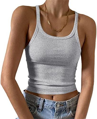 Artfish Women's Sleeveless Tank Top Form Fitting Scoop Neck Ribbed Knit Basic Cami Shirts L (Grey)