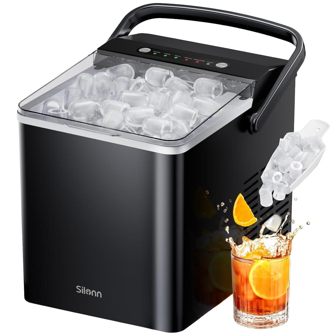 Silonn Ice Maker Countertop, Portable Ice Machine with Carry Handle, Self Cleaning Ice Makers with 1.8 L Water Tank and Big Ice Basket, 9 Cubes in 6 Mins, Ideal for Home Kitchen RV (26lbs, Black-PRO)